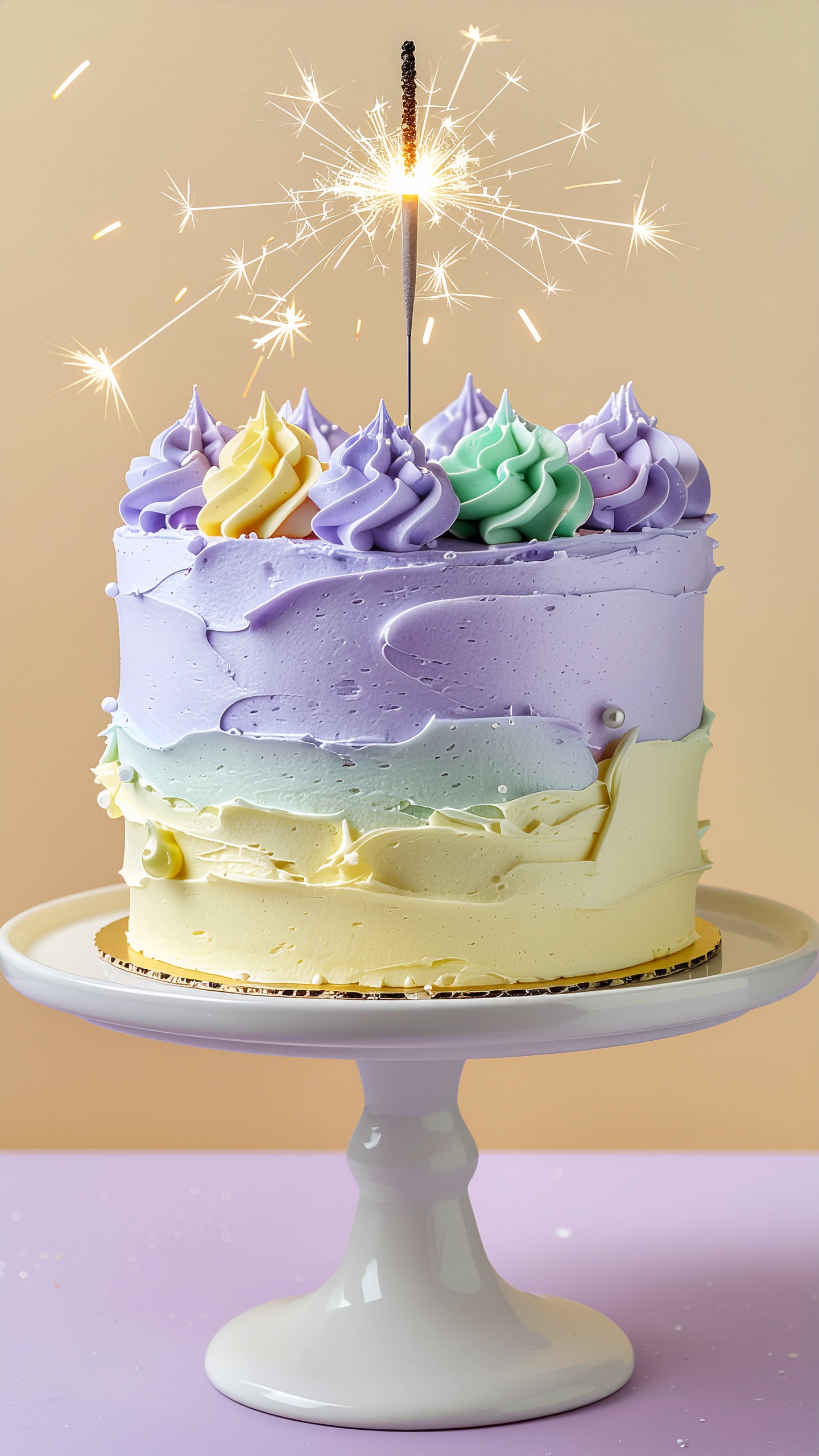 Bolo de camadas coloridas com glacê em tons pastéis lilás, amarelo e verde, decorado com chantilly e uma vela faiscante, em prato branco sobre fundo bege.